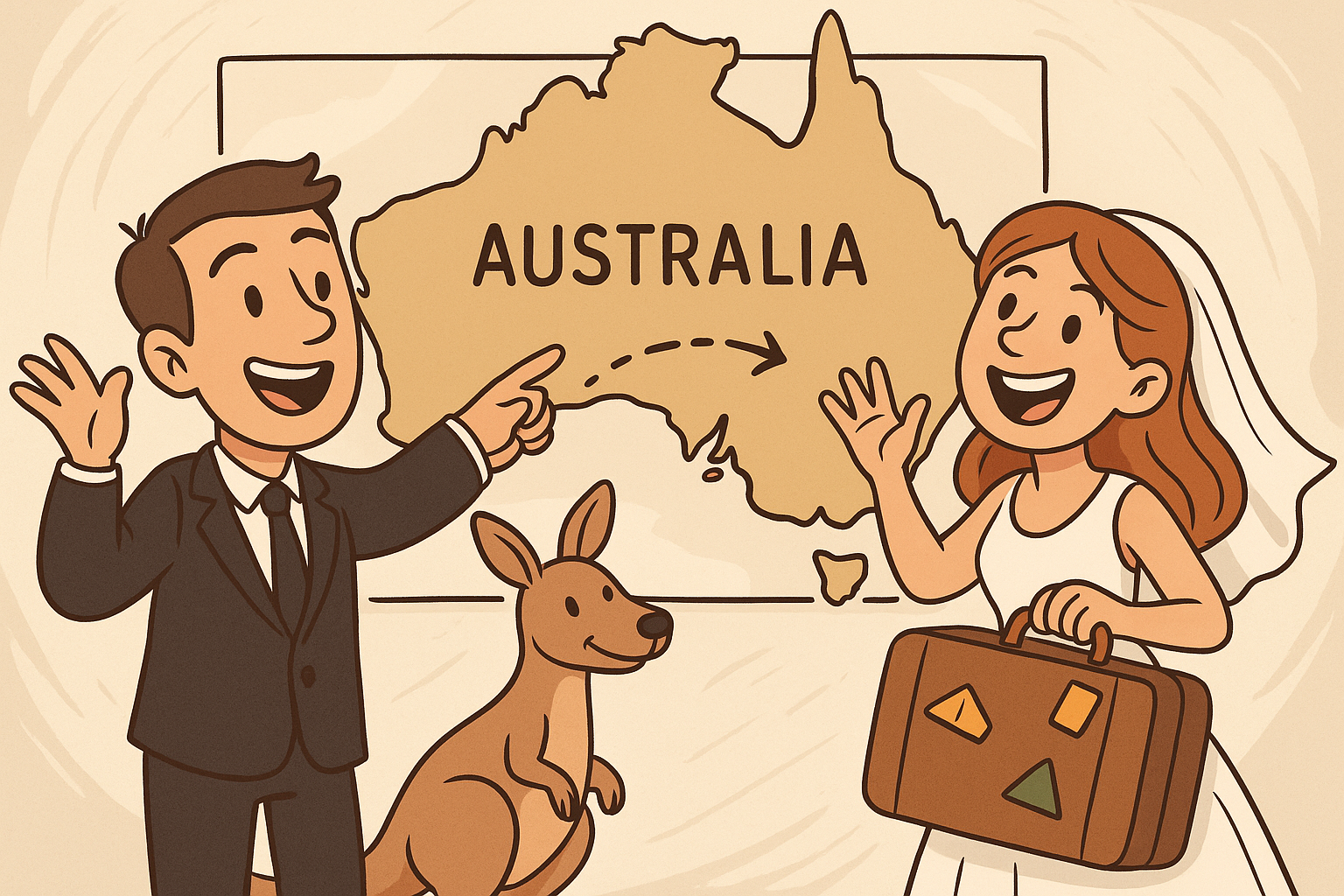 Funny illustration of honeymoon to Australia
